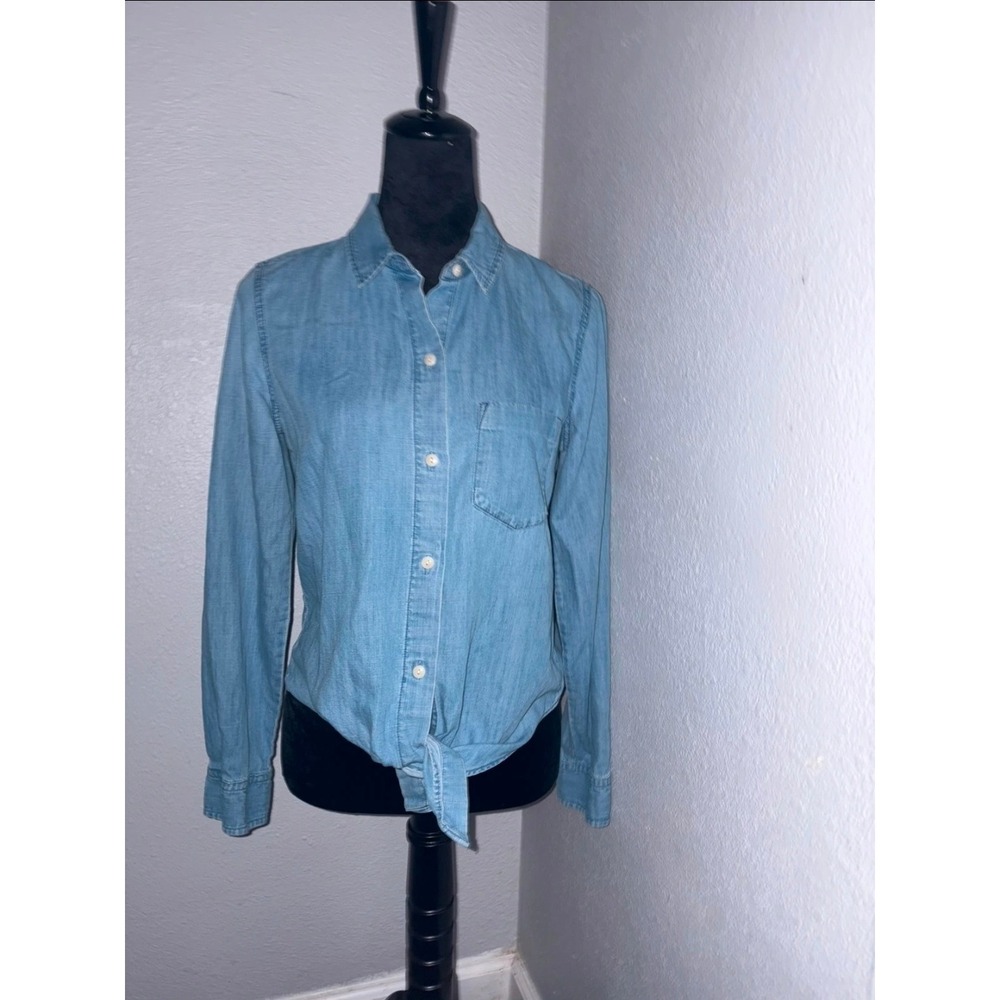 Madewell Light Wash Chambray Denim Tie Front Button Down Shirt Long Sleeve Small
